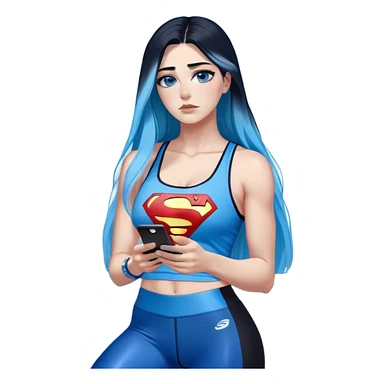 Shameful disappointed crying-very very very very big chest-texting on a samsung cell phone-very long straight flowing black to sky blue hair ombre-blue eyes-black eyeliner-long eyelashes-plastic sparkling sky blue very low cut tank top with sparkling superman logo-black leggings-nike sneakers sticker