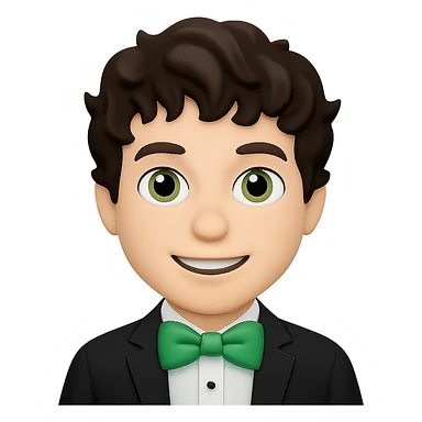 Change the man's hair to wavy hair, keep the man with green bow tie, in apple emoji style, with no background. sticker
