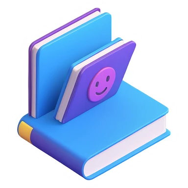 Isometric 3D book emoji, glossy blue and purple cover, rounded corners, floating with soft shadow, cute kawaii expression, bright and vibrant, smooth and minimalist, thick visible pages, transparent background, Icons8 3D inspired, professional and friendly sticker