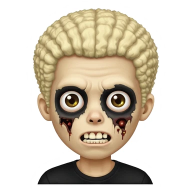 zombie boy, black and blonde afro, black shirt, missing tooth sticker