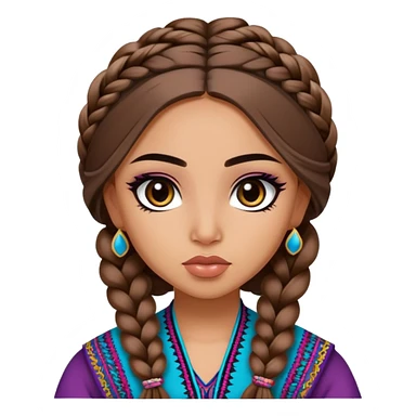 Arab nose, pretty lips, afghan clothes, medium skin,  long brown hair braid, pretty bratz baddie, black eyeliner sticker