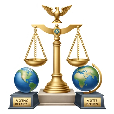 An icon featuring a podium with microphones, scales of justice, and a government building, symbolizing political science. The design includes a globe and voting ballot to represent global politics and civic participation. Transparent background highlights governance, policy, and political analysis. sticker