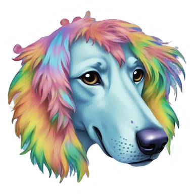 Multicolored rainbow retro groovy tie dye hippie trippy floral patterns on a metallic holographic iridescent blue dog face head unicorn sticker