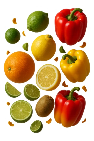 agrumi, kiwi, peperoni fluttuano in aria insieme a piccoli pezzi di colon in 3d, iperrealistici 4k sticker