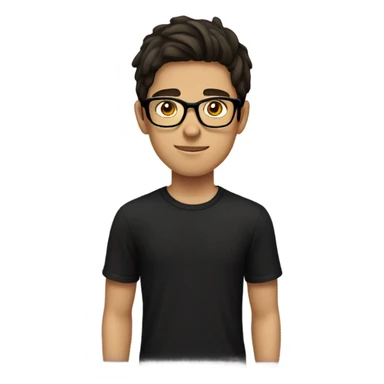teenage boy with dark brown hair and black t shirt with glasses sticker