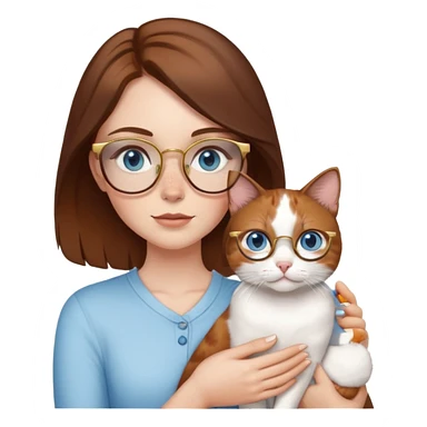 White girl with blue eyes, brown hair, freckles, and gold glasses, holding a small calico cat sticker