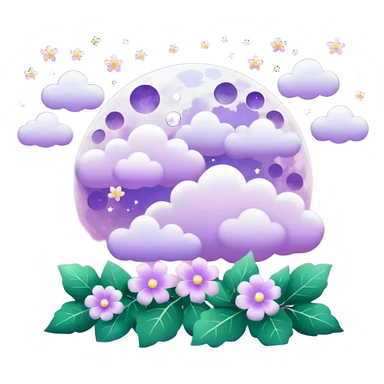 Beautiful poetic ethereal romantic magical aesthetic sparkly glittery shiny pretty floating pastel lilac lavender Violet full moon and flowers and leaves aesthetic pastel clouds scenery  sticker