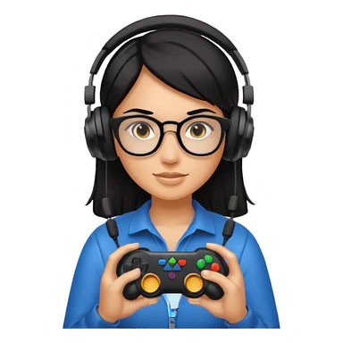 
gamer, woman shiny black hair no eyebrows with glasses, headphone, gamepad sticker