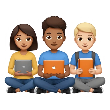 three design students sitting together with sketchbooks and laptops, creative sticker