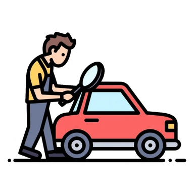 car inspection, mechanic examining vehicle with magnifying glass sticker