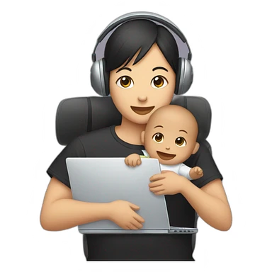 black t-shirt, asian with headset carrying baby in front of a computer sticker