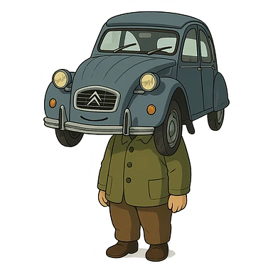 ghibli style character with a body and the face of a French automobile sticker
