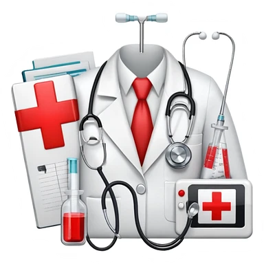 An icon featuring a red cross, stethoscope, syringe, and tonometer, symbolizing medicine. The design includes a white coat, medical book, heartbeat monitor, and pill, representing healthcare, diagnostics, and treatment. Transparent background highlights the science and practice of healing. sticker