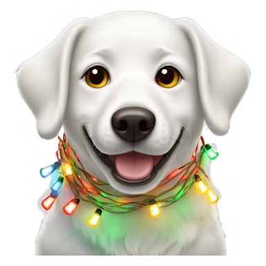 happy white dog wrapped in christmas lights sticker