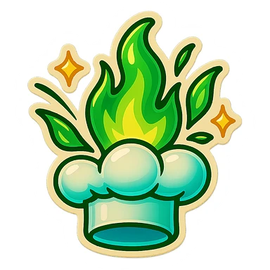 chef's hat explode with trails of fires, emoji, playful, magic flame green gradient, vibrant, flame matching style reference file sticker