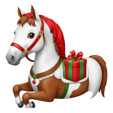 a christmas horse with a red saddle, which has a red gift box with a white bow on the saddle sticker