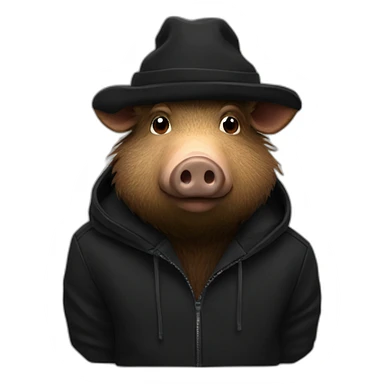 Really sad brown boar in a black winter hat and black jacket sticker