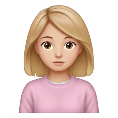 Crea una chica güerita con pelo café claro y raíces güeras, ojos rasgados cafés oscuros, suéter o camisa rosa claro sticker