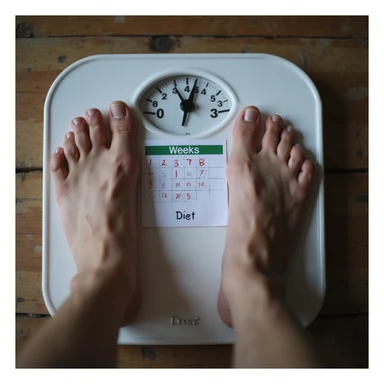 man weighing himself on a scale showing the same weight for weeks, calendar with crossed out days and the word 'Diet', realistic atmosphere, 4K details sticker