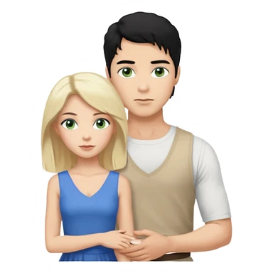 prince,  black Hair, blue eyes, garment,  woman, siiting in man white sleveless dress, blonde hair, green eyes, sticker