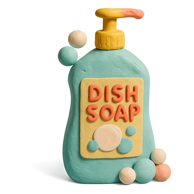 dish soap bottle in claymation style with bubbles and a playful label, pastel palette sticker