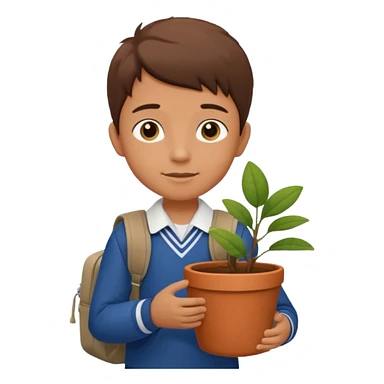 young boy wearing packpack, wearing uniform, holding a plant pot sticker