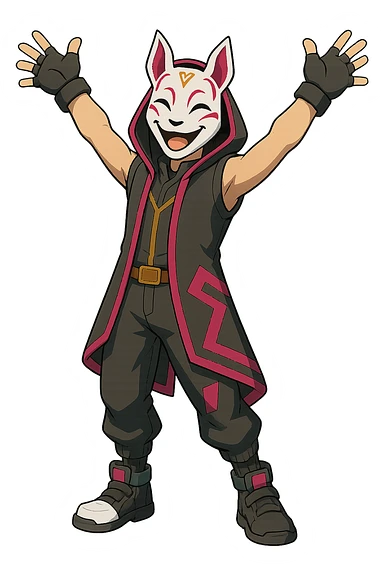 Make the Fortnite Drift skin look happy with a joyful pose and cheerful body language, keeping the stylized look, transparent background. sticker