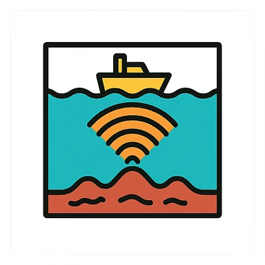 Hydroacoustic map showing radio waves from a ship on the water surface scanning down to the seabed sticker