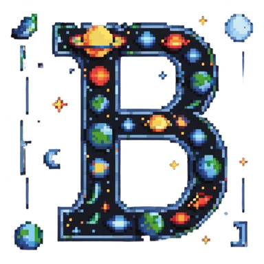 letter J with pixel planets and moons orbiting around it sticker