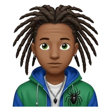 create a black male with locs and silver ear piercings and a left nose piercing and a spider necklace that’s black along with a varsity jacket that’s blue and green sticker