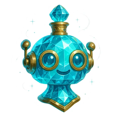 luxurious crystal elixir bottle shaped like a cute robot head, cyan color, lots of glowing, facets, ornaments, golden details, magical effects, very small golden neck, transparent background, beautiful merging base, clearly floating in air, no ground or shadow, premium class, friendly, playful, fits in a collection sticker