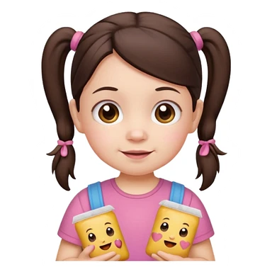 Cute small Toddler emoji with two pigtails dark brown hair, fair skin, in pink top, holding toddler snacks sticker