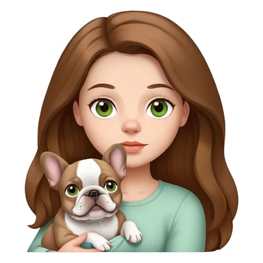 A girl with brown long hair and light green and grey eyes holding a French bulldog sticker