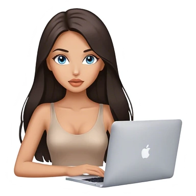 Glamours tanned very beautiful girl with pump peach nude lips and dark chocolate straight smooth long hair, blue-grey eyes with MacBook sticker