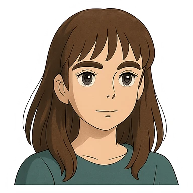 ghibli style pretty girl with thick eyebrows, straight brown hair and brown eyes, curled eyelashes sticker