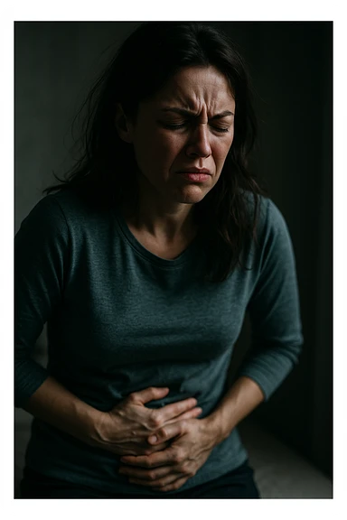 realistic and cinematic image of a woman with evident symptoms of premenstrual syndrome, severe abdominal cramps and irritability, suffering expression, clinical dramatic lighting, no text, vertical format 2:3 sticker