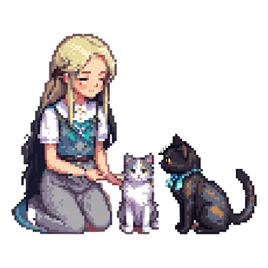 beautiful girl with long black hair petting a gray and blonde mixed cat, girl and cat looking at each other, pixel art style sticker