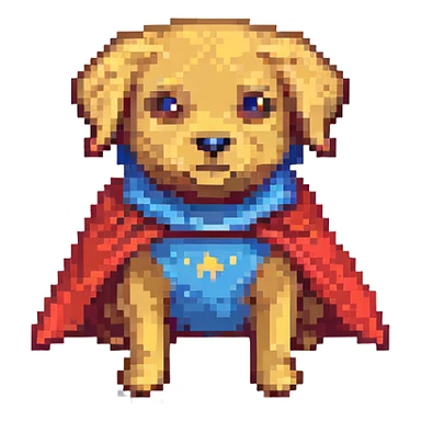 A pixel art style emoji of a super dog with a red cape. sticker