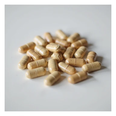 hyperrealistic scattered dietary supplement capsules on isolated white background, 4K details, neutral lighting sticker