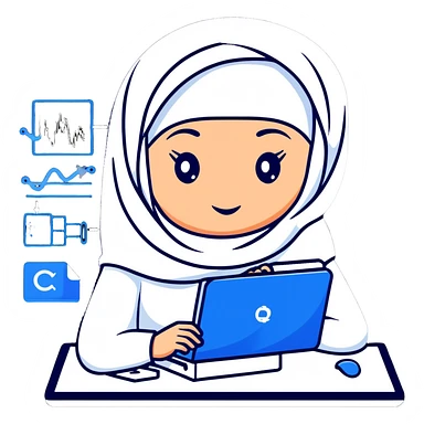 computer science woman with white hijab in blue outfit, with floating code elements, programming syntax, algorithms visualization, database schemas, software design patterns, command line interfaces, binary trees, and computational formulas surrounding her sticker