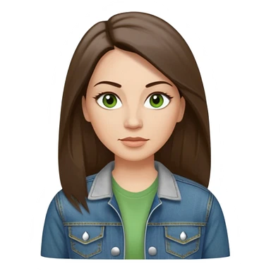 43 year old Adult woman avatar, light skin tone, long, oval face, long straight ashy brown hair, green almond-shaped eyes with dramatic eyelashes and minimal eyeliner, neutral mouth, medium straight eyebrows, small nose, smooth skin,  white t shirt, denim jacket sticker
