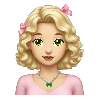 Blonde wavy girl with brown eyes carrying a grey cat that has green eyes and a pink bow in her necklace sticker