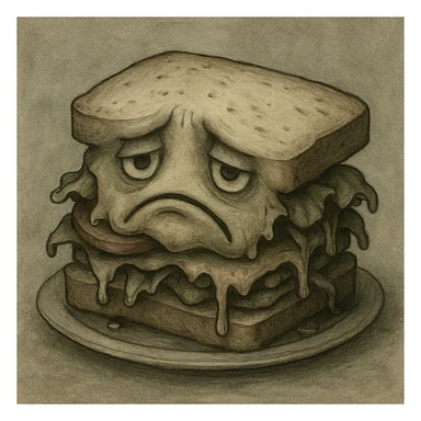 a sandwich looking gloomy with a frowning face, soggy ingredients, muted tones sticker