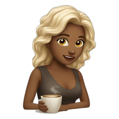 Mujer blana y joven con cabello melena con MacBook y un cafe sticker