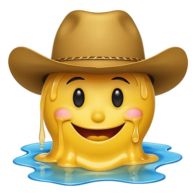A yellow smiley face melting into a puddle. 

The eyes and mouth slip down the face, yet still maintain a distorted smile. The face is wearing a cowboy hat. sticker