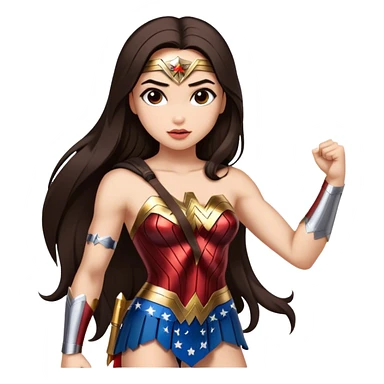Create a girl with long dark brown straight hair that looks like wonder woman of the social media world sticker