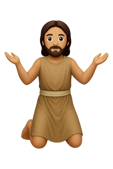 Remake this emoji in apple emoji style with brown hair and no silver handbands, fullbody apostle kneeling pose, new variation 6. Maintain the apple emoji style look and details. sticker