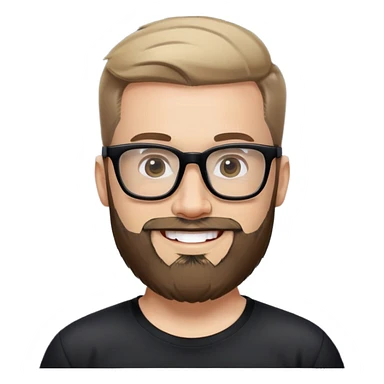 Light-skinned man with full beard, short hair brushed upward, big black glasses frames, happy smile, black sports shirt sticker