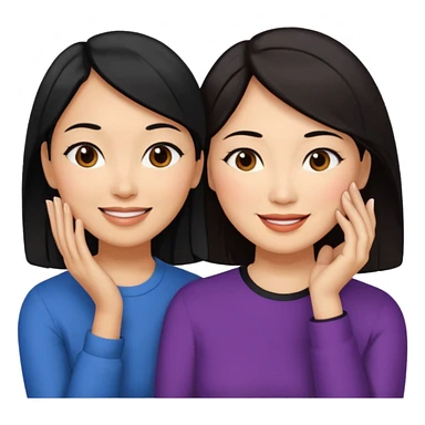 Middle aged light brown skinned woman with black hair, beside a middle aged asian woman with dark brown hair touching their cheek sticker