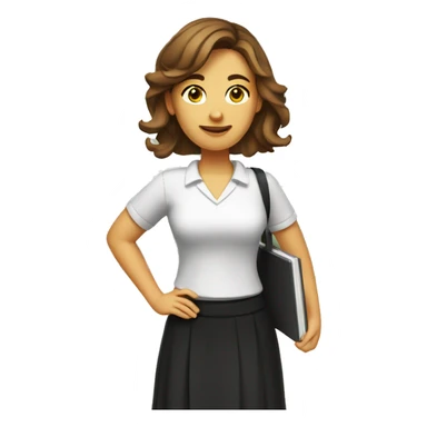 A female teacher with brown hair, standing and wearing black skirt and white cool tshirt sticker